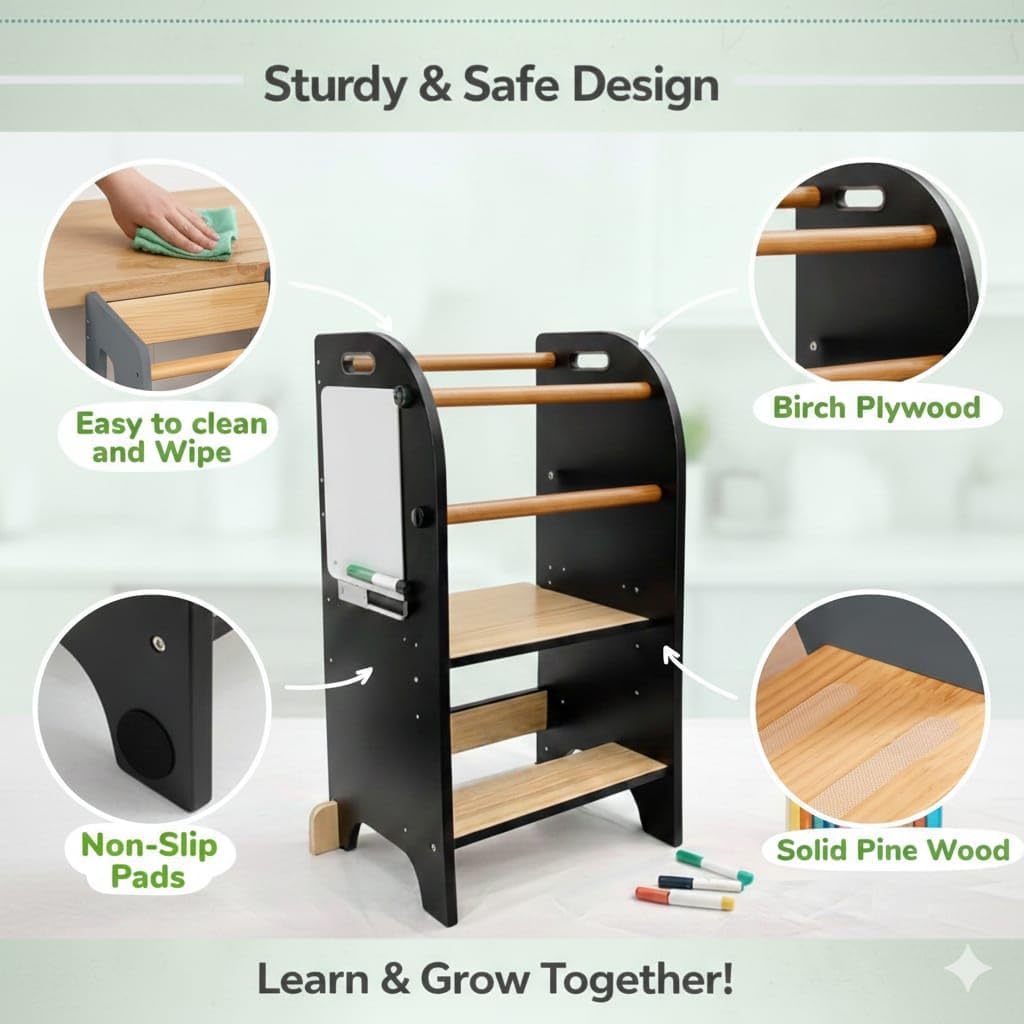 Wooden Learning Tower for Kids with Chalkboard – Adjustable Height Toddler Step Stool, Anti-Slip Safety Kitchen Helper Stand, Sturdy Standing Platform for Cooking, Learning & Daily Activities