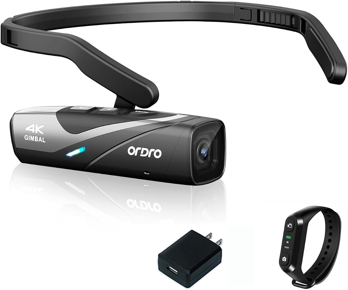 ORDRO EP8 Head Mounted Camera, 4K 60FPS Video Camera | 2-Axis Gimbal Stabilizer | Wearable Camcorder for Vlogging | WiFi & Remote Control