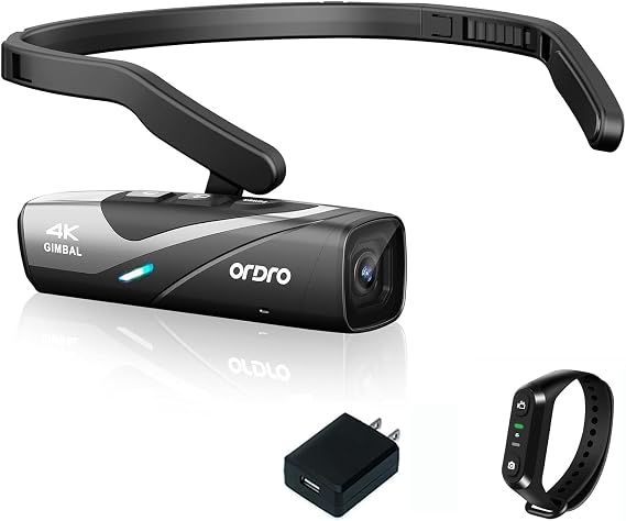 ORDRO EP8 4K Video Camera for Vlogging, 2.0 Gimbal Stabilizer Hands Free Wearable Vlog Camera, 4K 60FPS UHD Head Mounted Video Camera with Remote Control(Black)