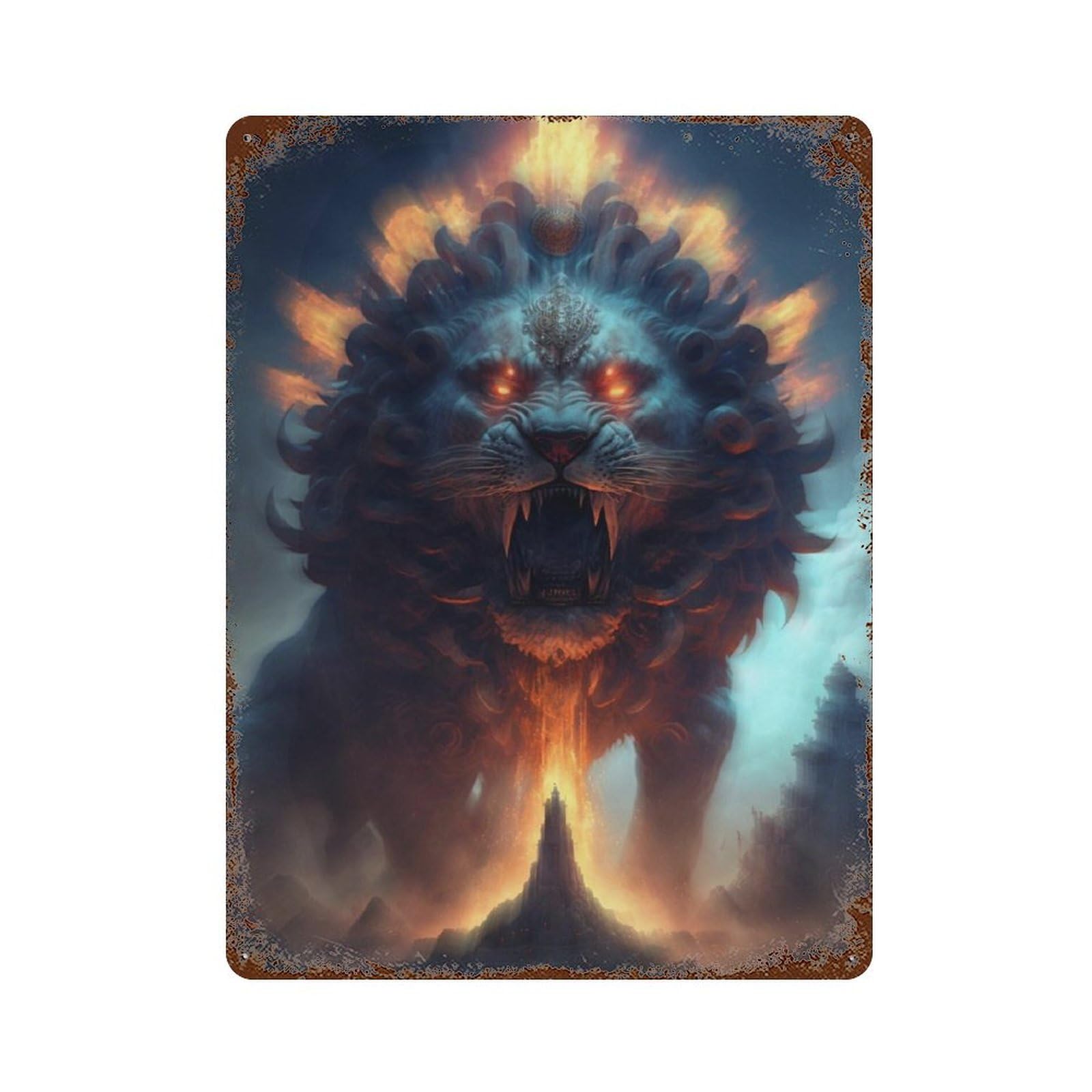 Fiery Lion Guardian Weathered Tin Sign 15.7"x11.8", for Basement, Hobby Room And Garage Decor, Rustic Home Decor
