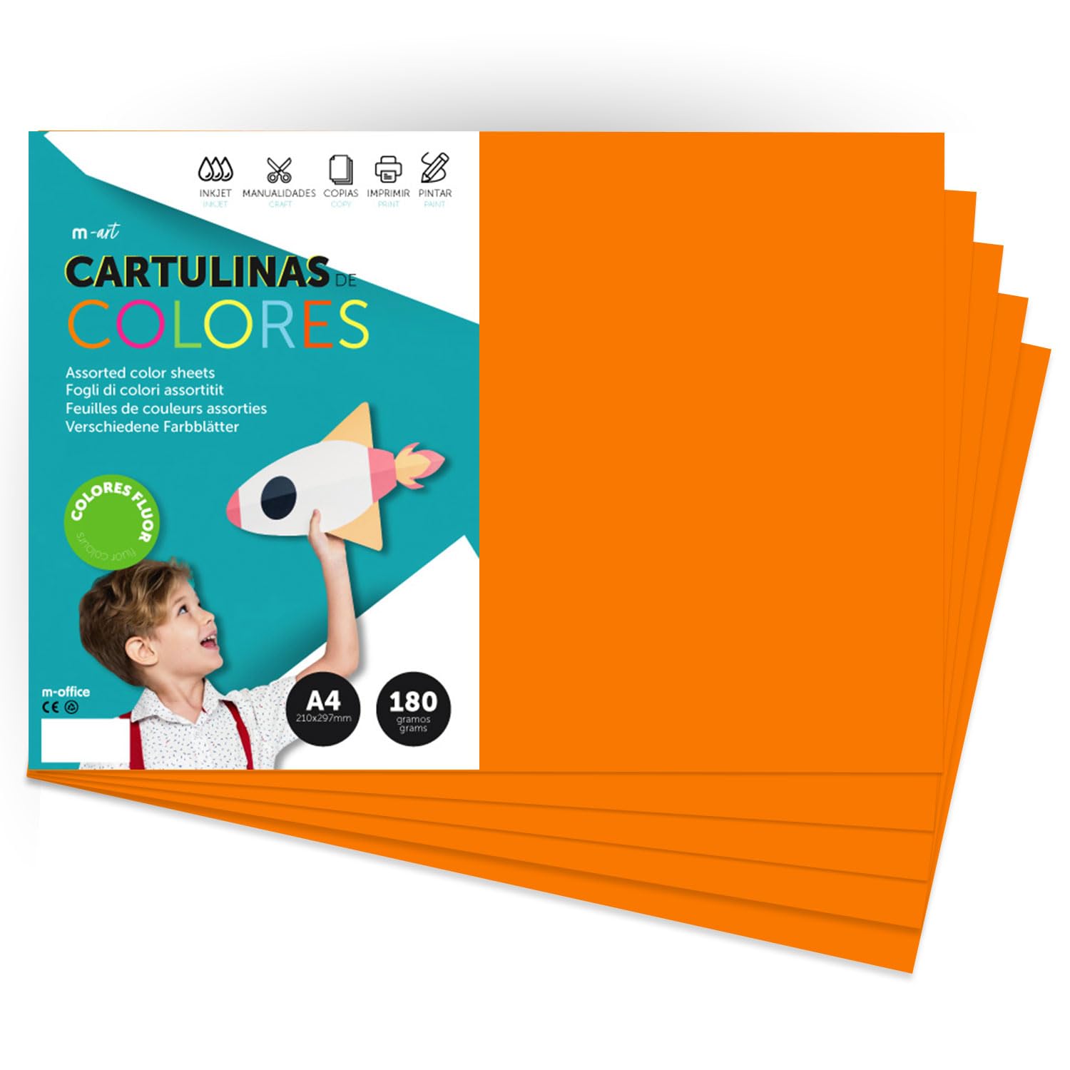 A4 Coloured Card - Fluorescent Colours 180g - for Crafts, Printing Your Documents and Creative Designs - Pastel Colours A4 m-office (x100, Neon Orange)