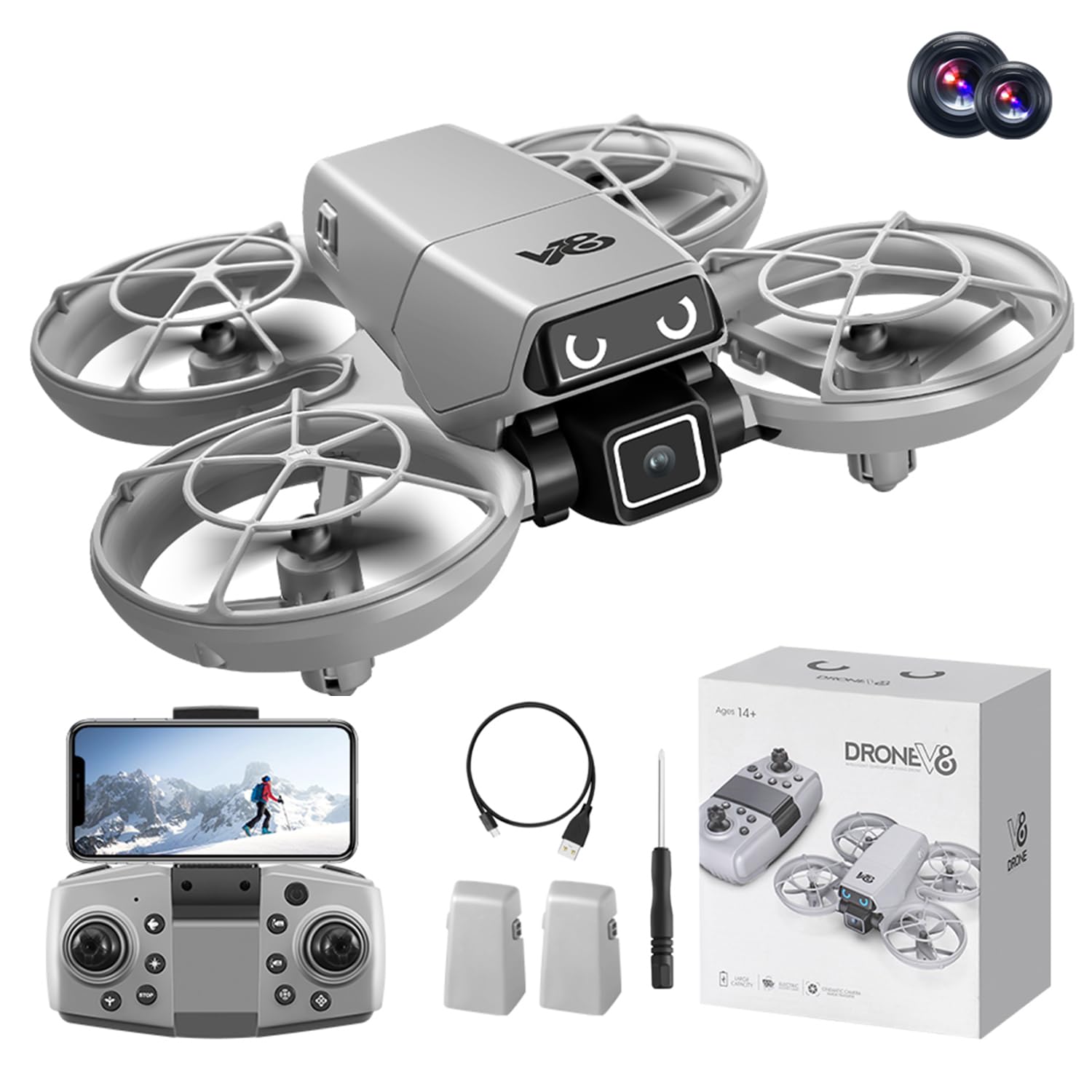 Mini RC Drohne mit Kamera, Propellerschutz, LED-Augenlichter, Hindernisvermeidung, optische Positionierung, 90° Kamera, Höhenhaltung, 360° Flip, Headless Mode, 2 Akkus, perfekt für Anfänger. (Weiß)