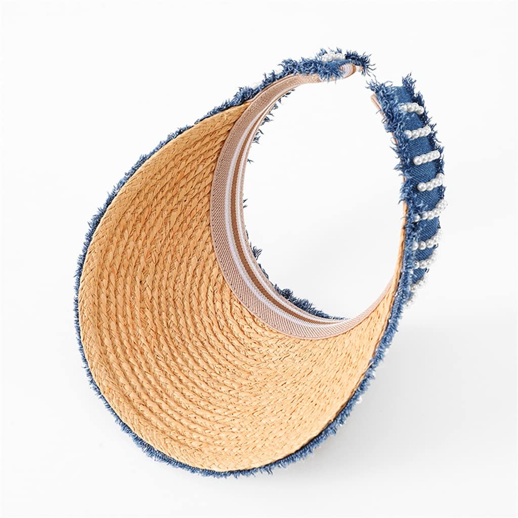 Cappelli da Sole con Visiera firmati per Donna Cappelli da Spiaggia Estivi Cappelli in Rafia Bordi in Denim con Perle Fatti a Mano