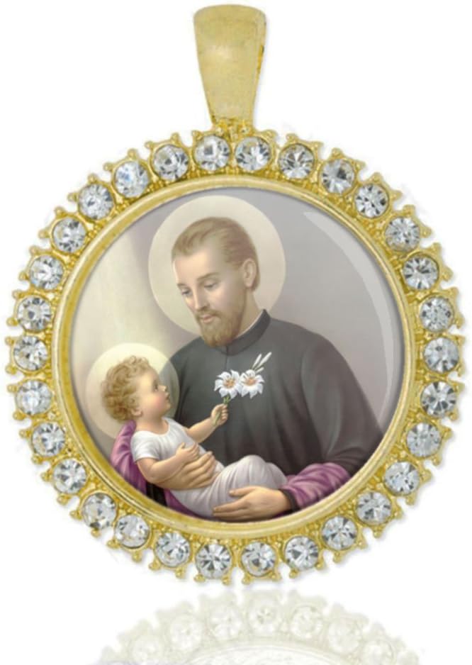 Realig St Cajetan Christian Round Medal Gold Tone Pendant with Rhinestones