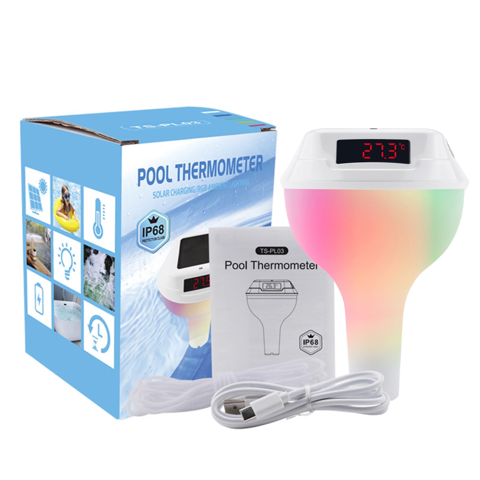 Topiky Termómetro para Piscina con Pantalla LED y Carga Solar (WHITE)