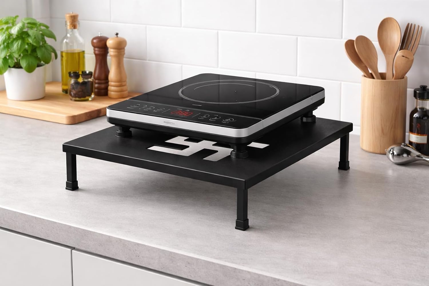 18600 Heavy duty kitchen Top Induction Cooker Stand/Kitchen counter top induction storage stand (60 L x 35 W x14 H CM's, Black Color)-picture-17