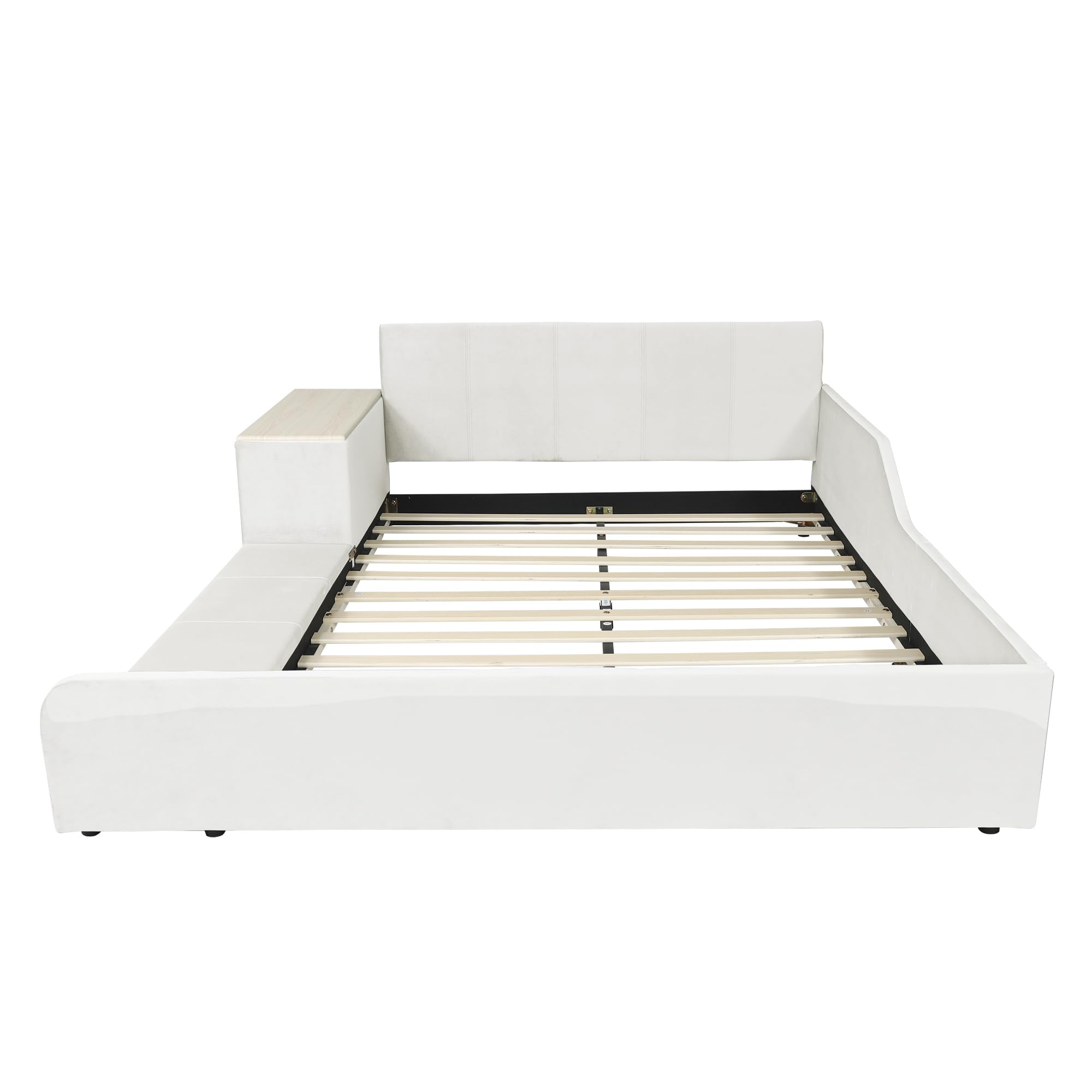 Letto imbottito 140 x 200 cm con scrivania per bambini e sgabello, con ripiano, testiera morbida, culla con doghe in legno, velluto, bianco
