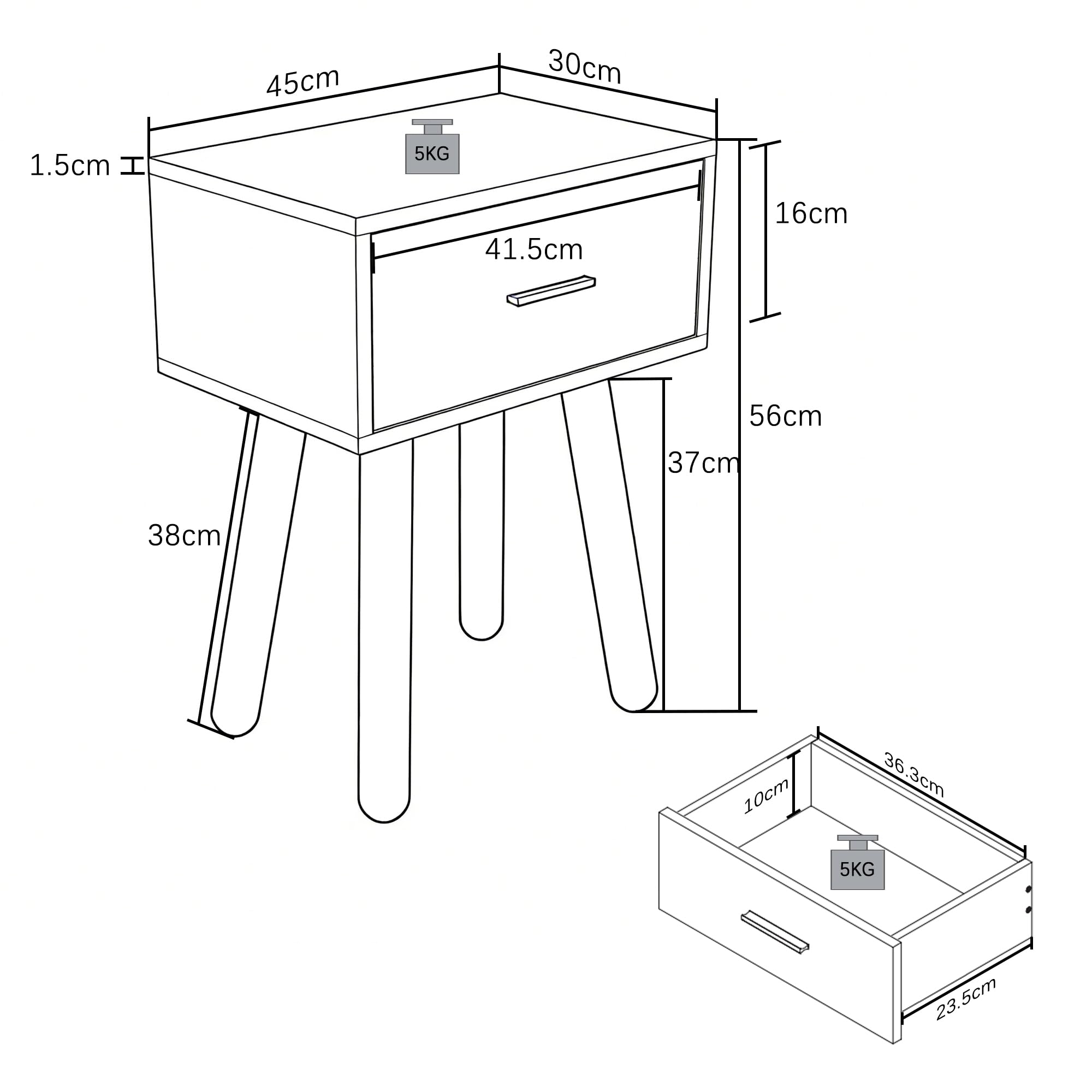 VCM Beistelltisch Nachttisch mit Schublade, 45 x 30 x 56 cm, Holzoptik, modernes Retro-Design - Singol L Anthrazit/Honig-Eiche