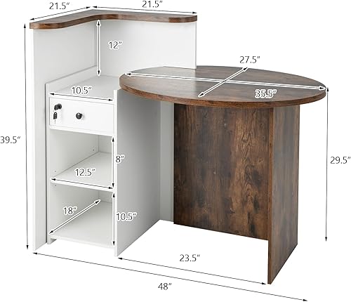 Miniatura 3 de Tangkula Escritorio de recepción, mostrador frontal con cajón con cerradura y estante ajustable, escritorio ovalado, mostrador minorista para pagar,