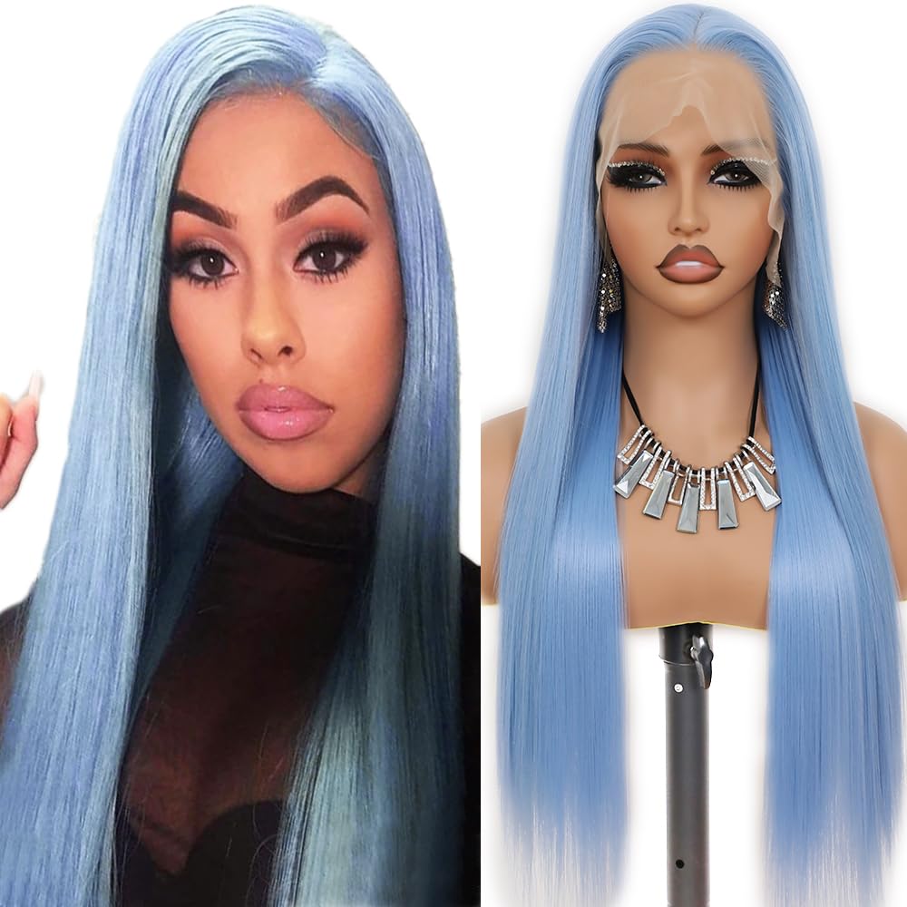 Maycaur Light Blue Lace Front Wigs Long Straight Glueless Wigs for Fashion Women Pre Plucked Hairline 24 Inch Synthetic Lace Front Wig with Natural Baby Hair