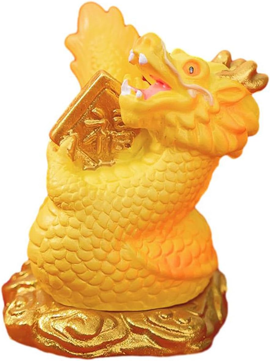 Golden Dragon Ornament, Chinese Zodiac Year of the Dragon Figurine Holding Gold Ingot, Resin Collectible Statue for Home Desk Decoration