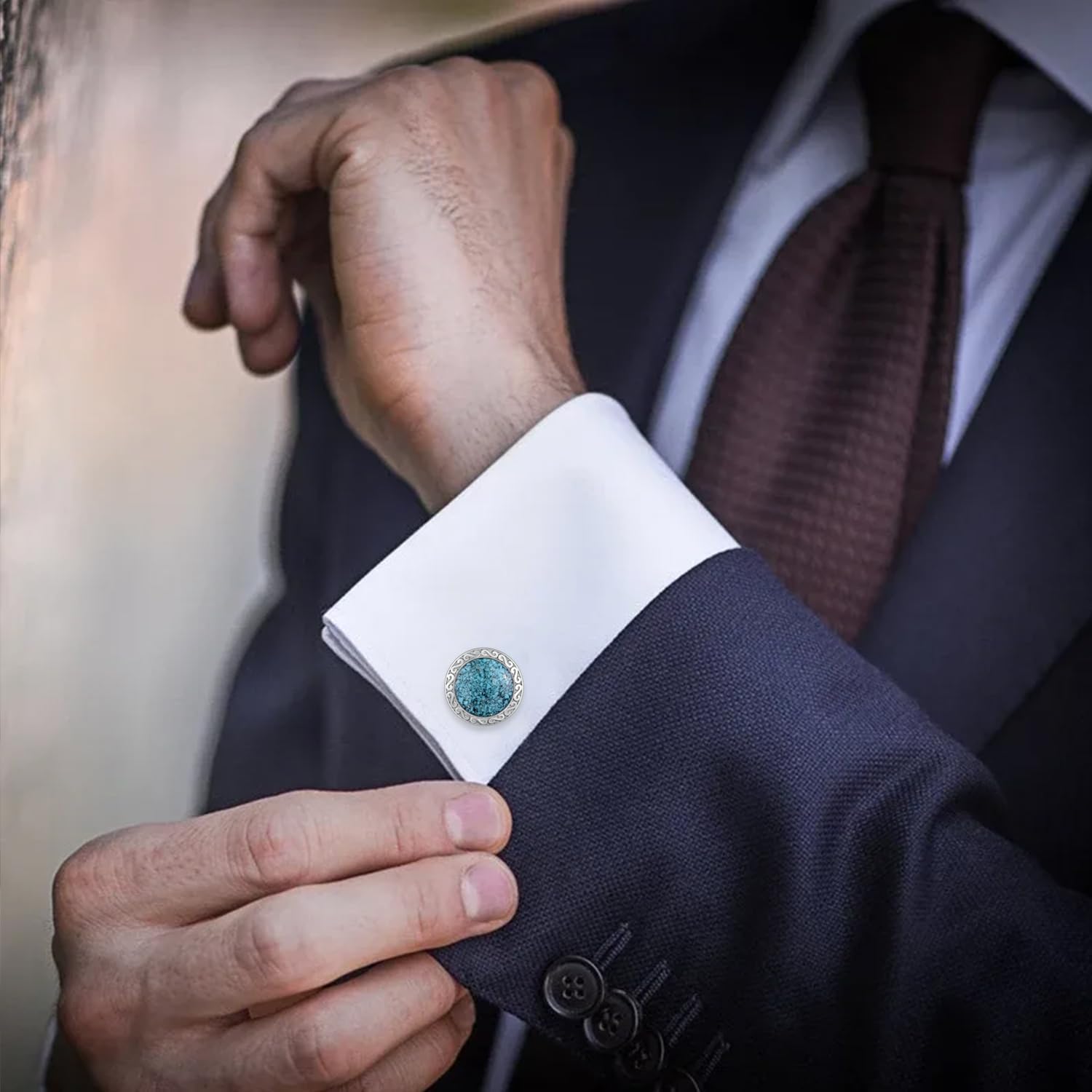 Cuff Links Mens 925 Sterling Silver Turquoise Cufflinks for Men Tuxedo Cuff Links Business Wedding Father's Day Jewelry Gifts for Men Father Husband
