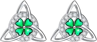 Shamrock Earrings Sterling Silver St Patrick’s Day Earrings Celtic Knot Stud Four Leaf Clover Earrings Green Irish Jewelry Gifts, Cubic Zirconia Sterling Silver Silver, Cubic Zirconia