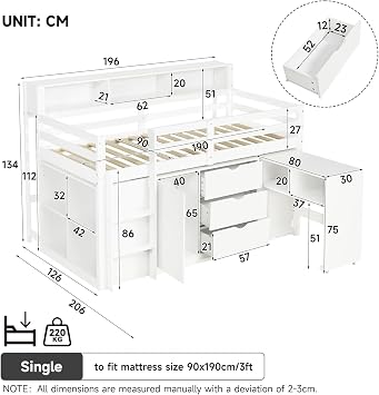 3ft Wooden Cabin Bed with 3 Storage Drawers, Headboard Shelves and Storage Cabinet, 90x190 cm Single Loft Bed with Pull-out Desk and Open Compartments, No Mattress, White