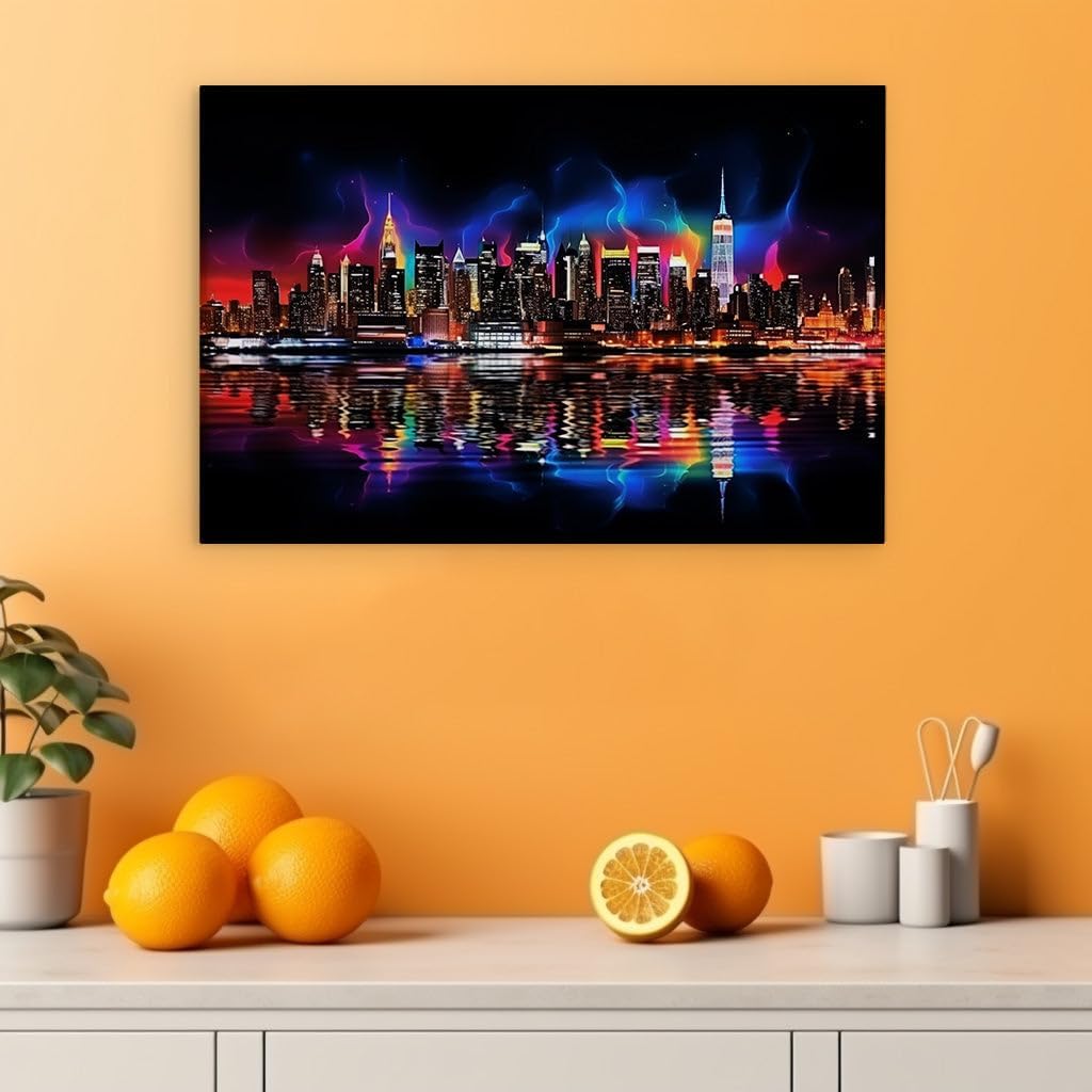 Canvas for Living room. Illuminated Dreamscape: A Nighttime City's Dazzling Reflection in Water, 27 x 18 inch Canvas Wall Art - Ready to Hang - 69x46 cm (27x18 inch)