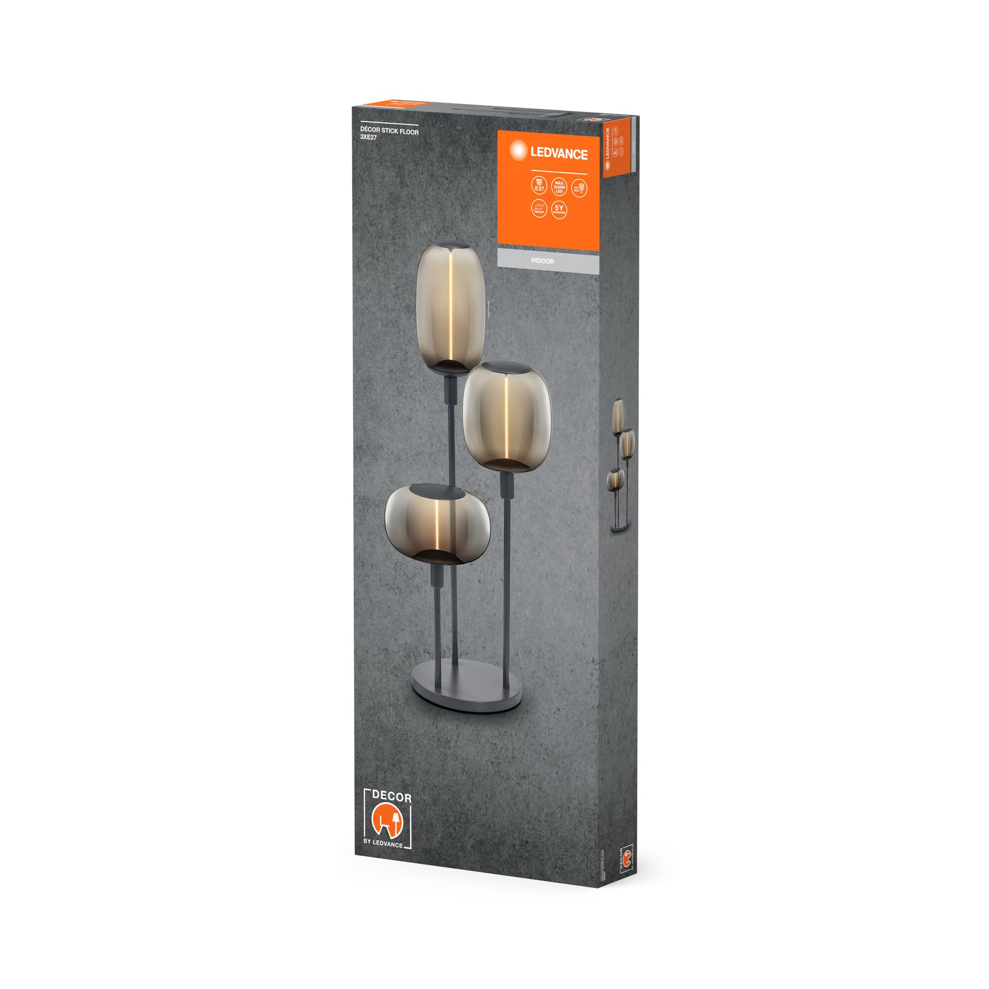 LEDVANCE Lámpara de pie decorativa con 3 casquillos E27, tres soportes (altura 36cm, 59cm y 78cm),gris oscuro, con cable de alimentación de 1,8m, lámpara LED OSRAM 1906 a juego disponible por separado