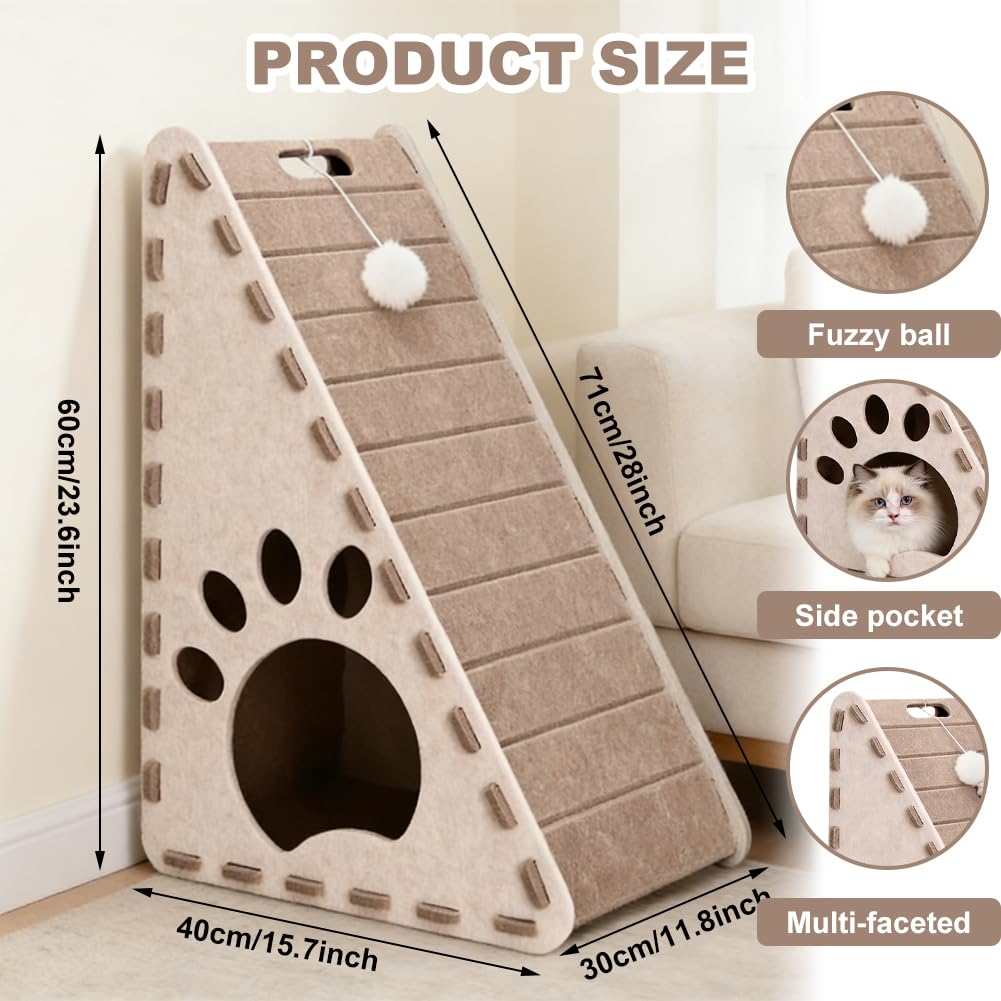 Planche à gratter 3 en 1 et maison triangulaire en feutre - Grattoir vertical pour chat d'intérieur - Scratch Play Rest Cat Furniture - Grattoir robuste facile à nettoyer avec jouet à balle