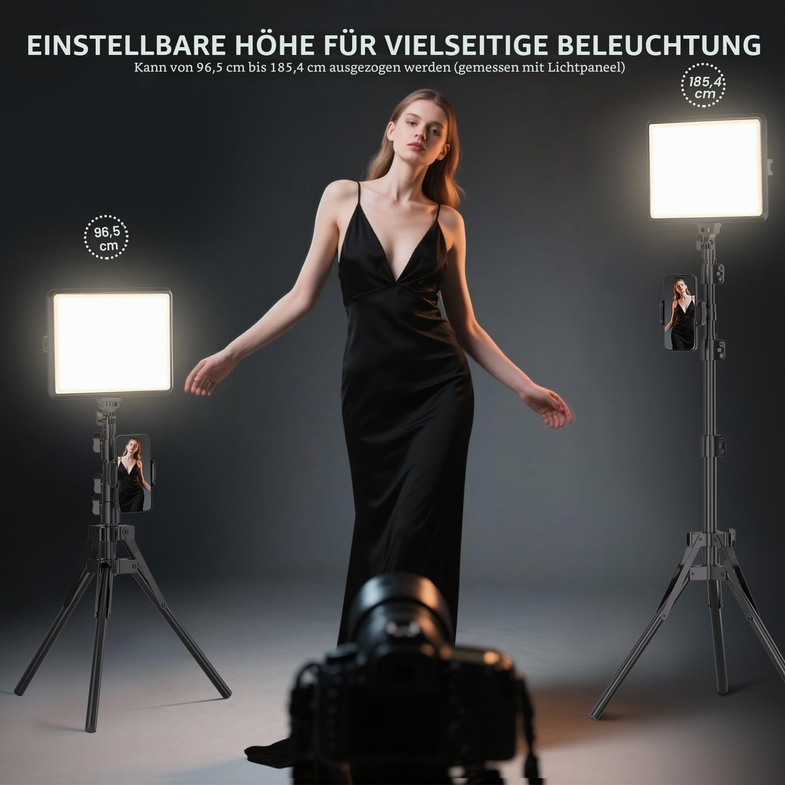 NiceVeedi 2 Stück LED VideoLicht Set, 2800–6500K, Dimmbar, Kontinuierliche Fotografie-Beleuchtung mit 1.6m Stativständer und Handyhalterung, Studio-Licht für Videoaufnahmen, YouTubee (15W)