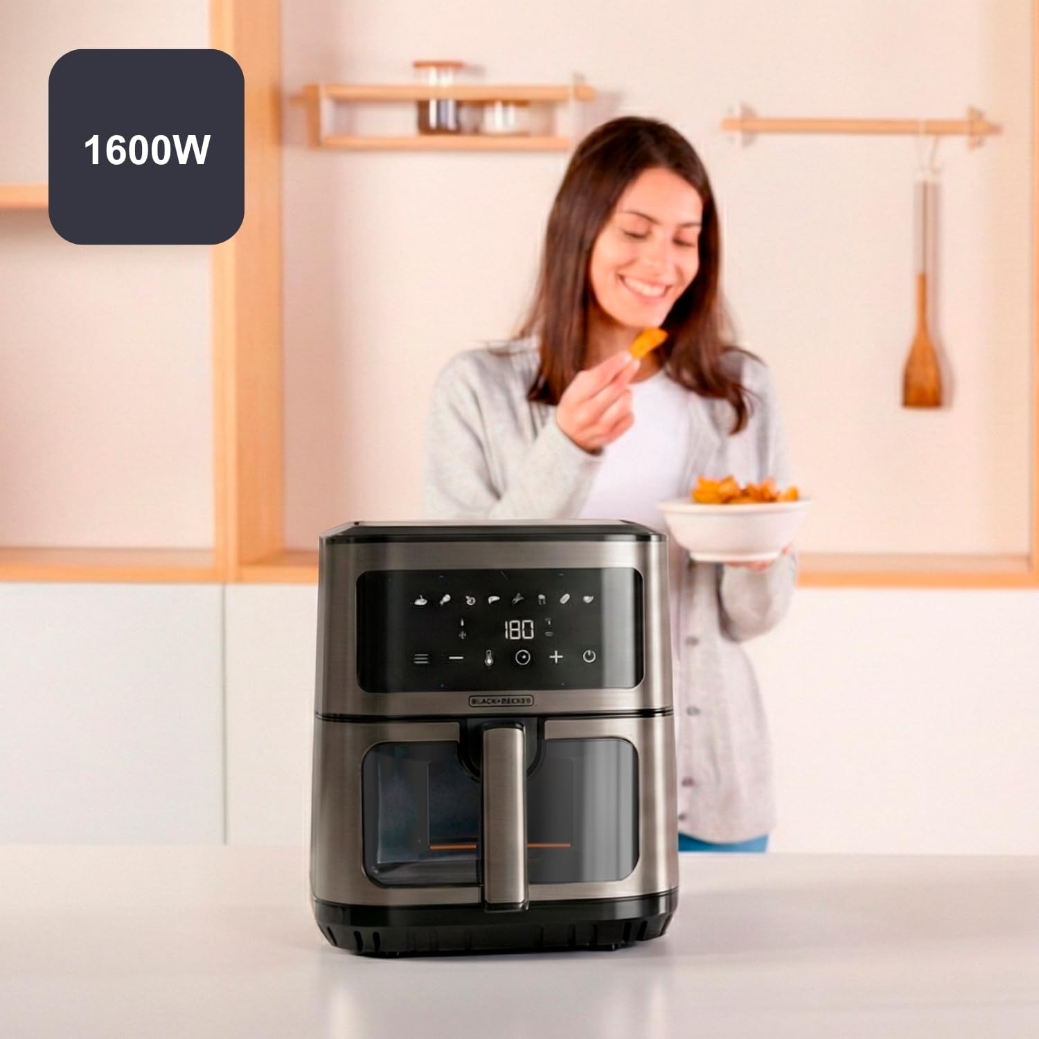 Black+Decker Frytkownica bezolejowa BXAF2501E | 1600 W | 6,5 l | 8 programów | wyświetlacz dotykowy, temperatura 80 – 200 °C, okno sterowania, równomierne gotowanie, minutnik, alarm dźwiękowy