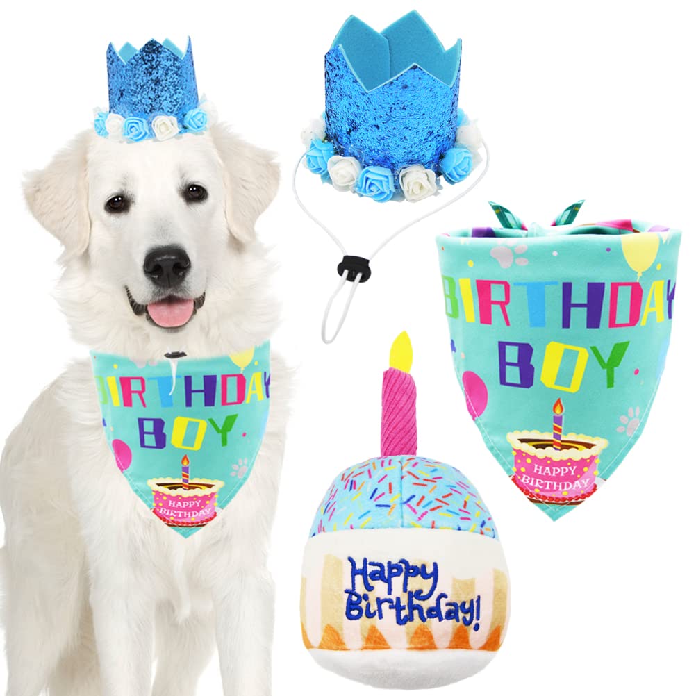 Hund Geburtstag Set - Partyhut, Bandana & Knochen Spielzeug 4-teilig