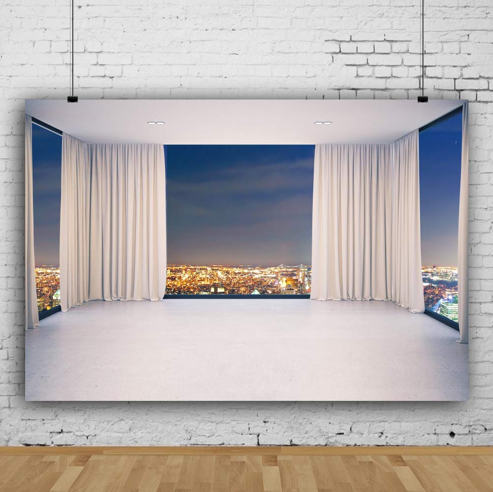 Haoyiyi 10x6.5ft Modern Interior Backdrop Night City View Background French Windows White Room Curtains Photography Photo Vintage Elegant Indoor Decoration Photo Booth Props Wallpaper