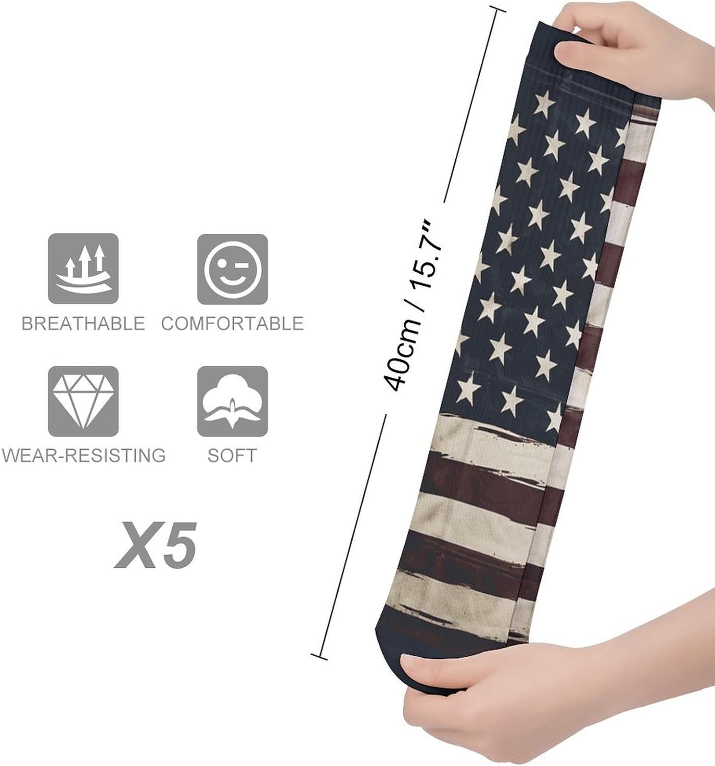 5 Pairs Knee High Socks American Flag Long Tube Boot Seamless Toe