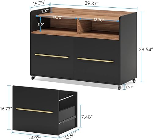 Miniatura 2 de Tribesigns Archivador de 2 cajones con ruedas para oficina en casa, archivador lateral negro, archivador de madera para tamaño carta, soporte de