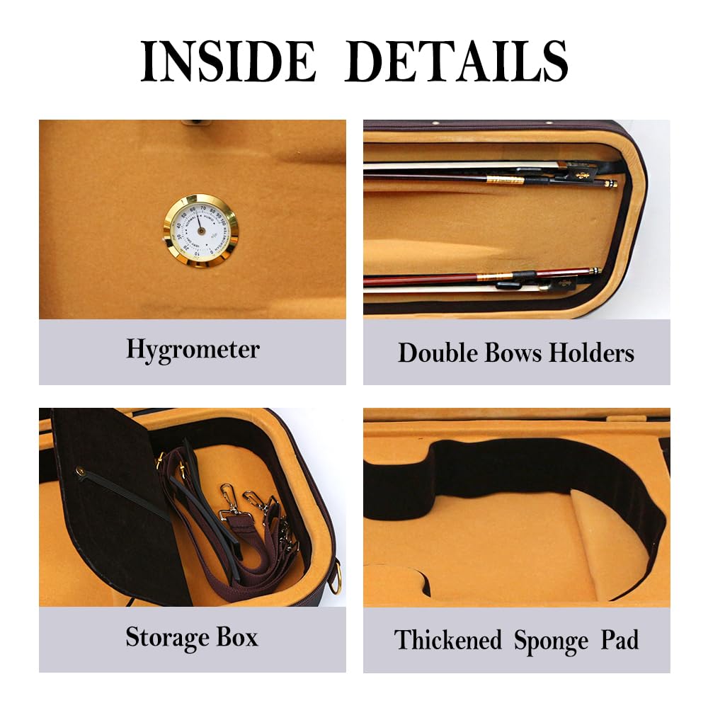 Yinfente Estuche para violín 4/4, tamaño completo, funda rígida de madera oblonga para violín 4/4 con higrómetro correas ajustables para violín principiante