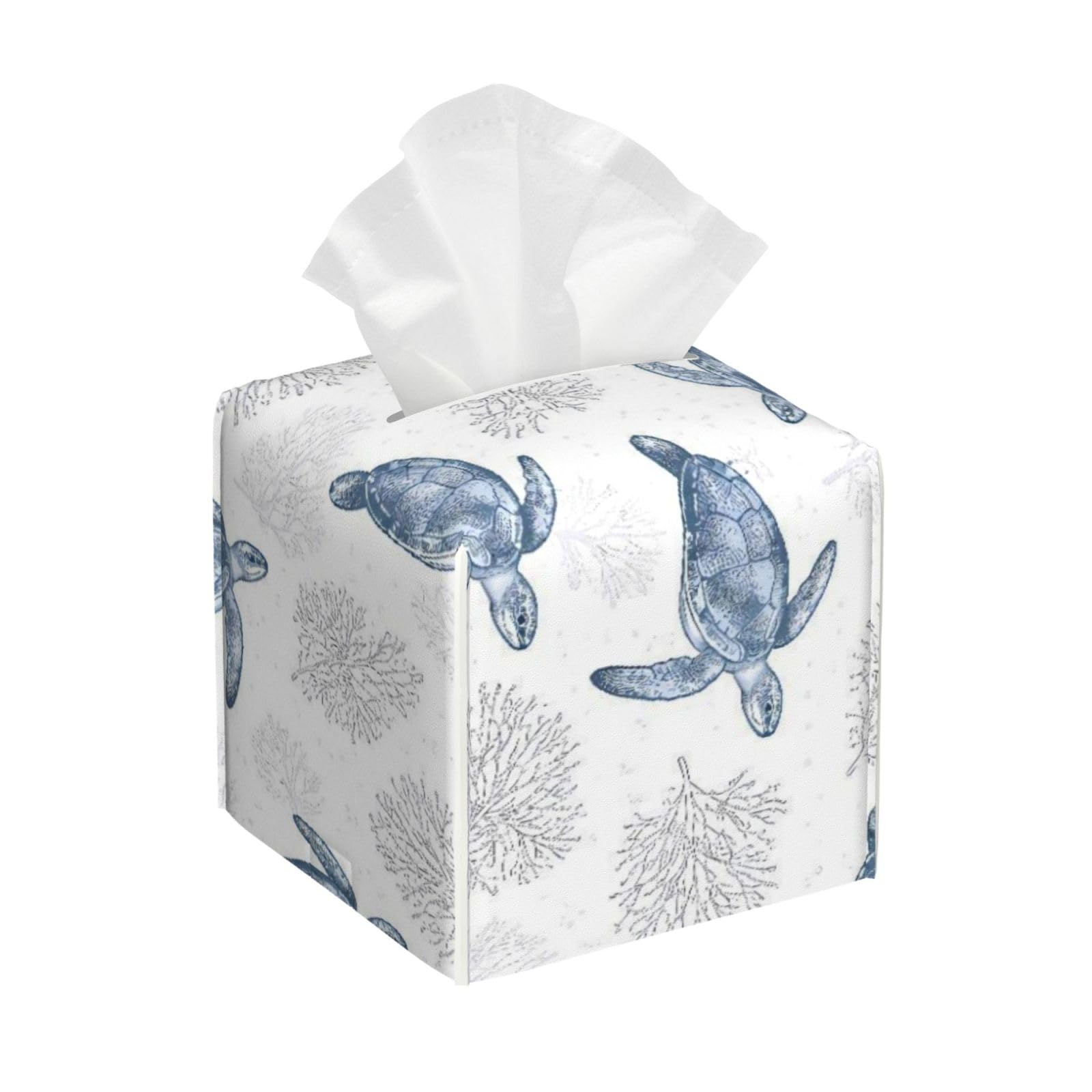 Sea Turtle Grass Natural Watercolor Leather Tissue Box Cover Holder Square Facial Paper Organizer 5.2" X 5.2" X 5.2"