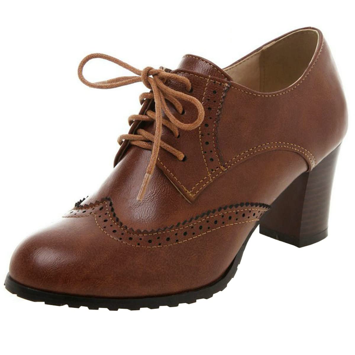 ClassicSter Womens Heeled Oxfords Wingtip Chunky Mid Heel Lace Up Brogue Shoes