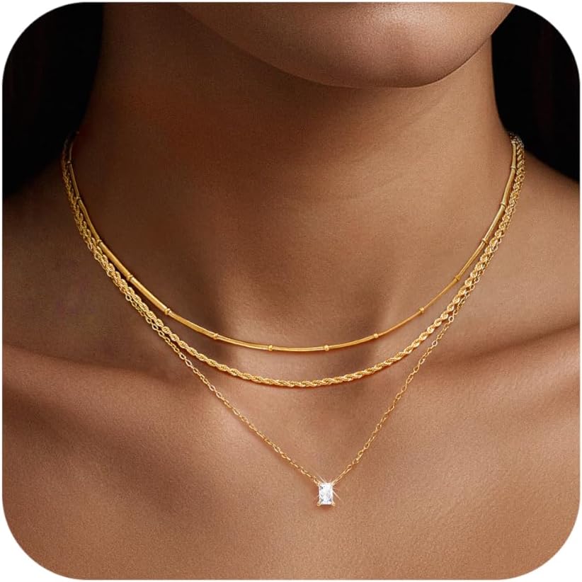 KSF Layered Gold Necklaces for Women - 18K Gold Plated 3PCS Dainty Simple Stackable Choker Necklace, Cubic Zirconia Pendant Necklace Trendy Jewelry Gift Set for Women