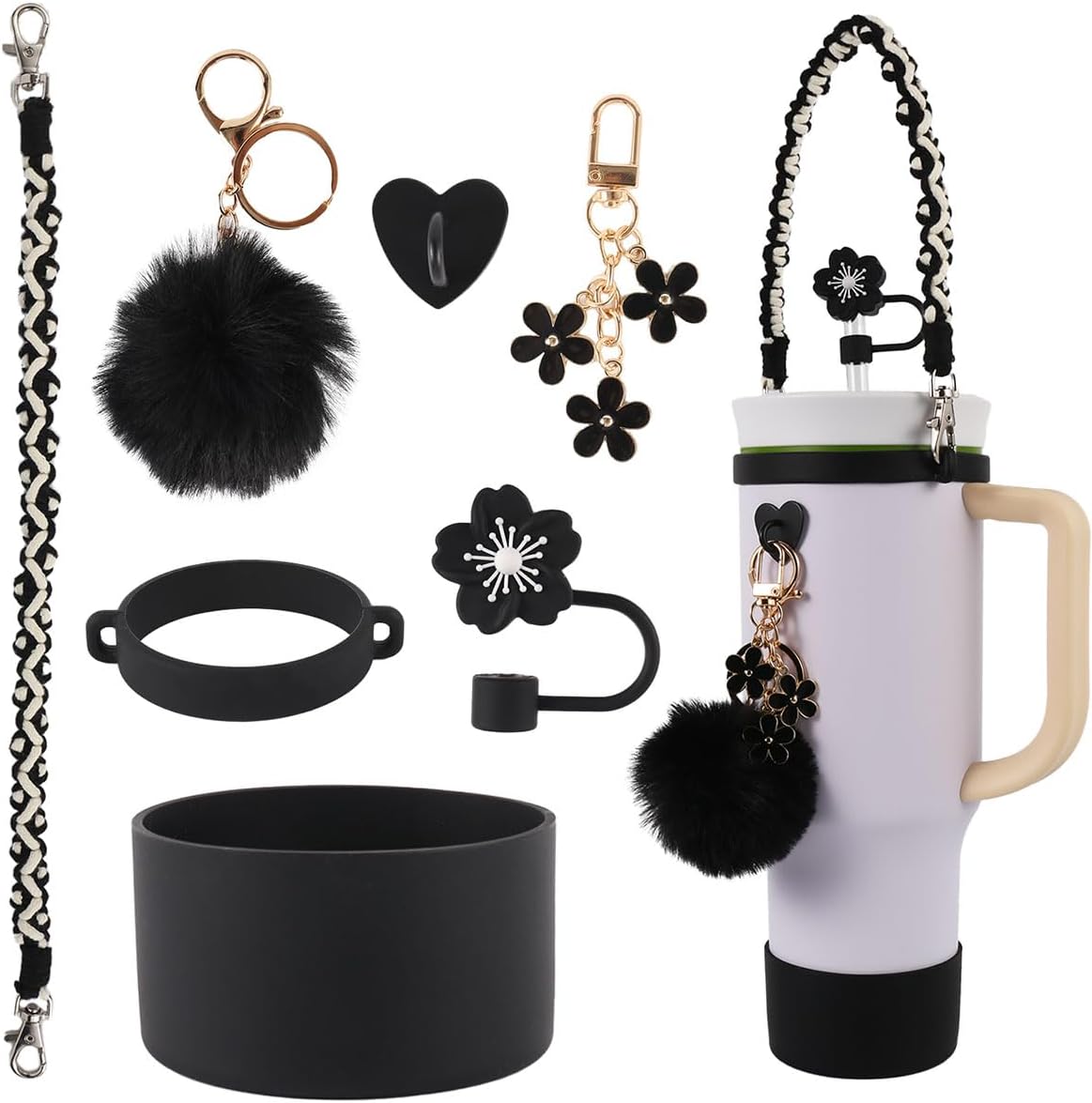 AAUP Water Bottle Holder,Straw Cover,Silicone Boot,Pompom Ball,Daisy key-chain,Compatible with Stanley Cup16oz 24oz and 40oz