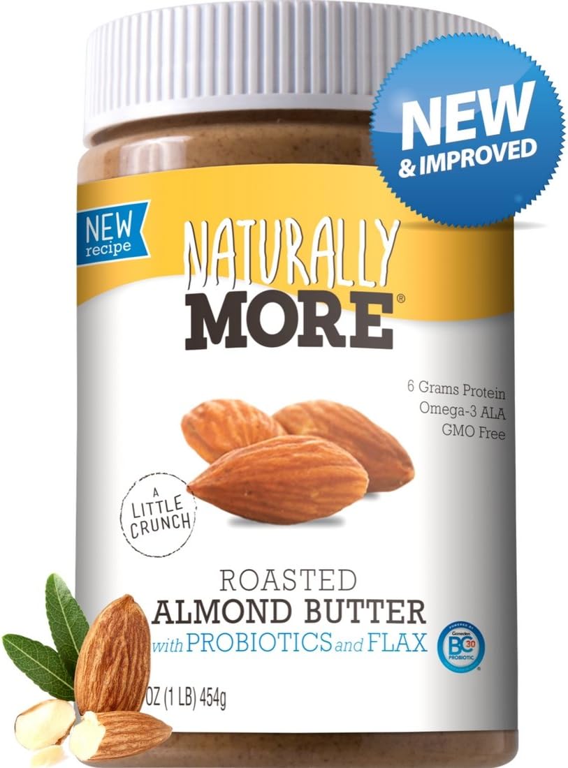Naturally More Almond Butter - 100% All Natural Nut Butters - Finely Roasted - Probiotics - Heart Healthy - Flax - Gluten Free - Peanut Free - Vegan 16 oz.