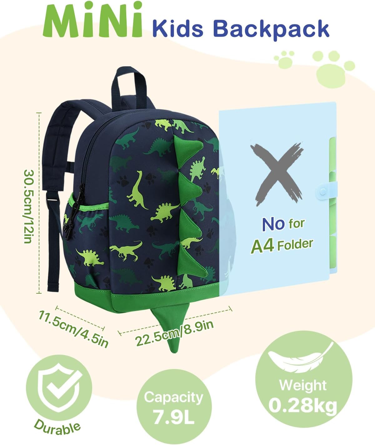 VASCHY Dinosaur Toddler Backpack, Cute Little Boys Girls Kids Schoolbag Bookbag w Chest Strap