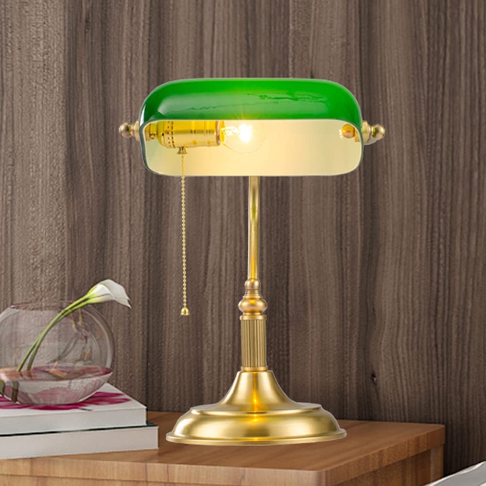 Lámpara de mesa de banqueros vintage de latón Art Deco Classic Antique Table, lámpara de banqueros retro de vidrio de oro y sombra verde, iluminación interior E27, luces, lámparas, sala de estar