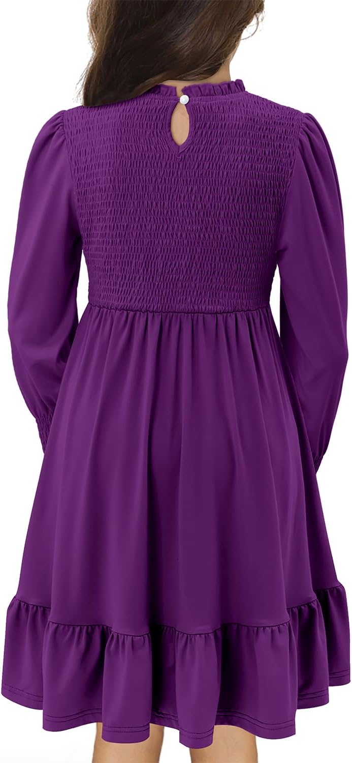 Yoklass Girls Smocked Dress Casual Puff Long Sleeve Ruffle Neck Dresses 4-13 Years - Image 4
