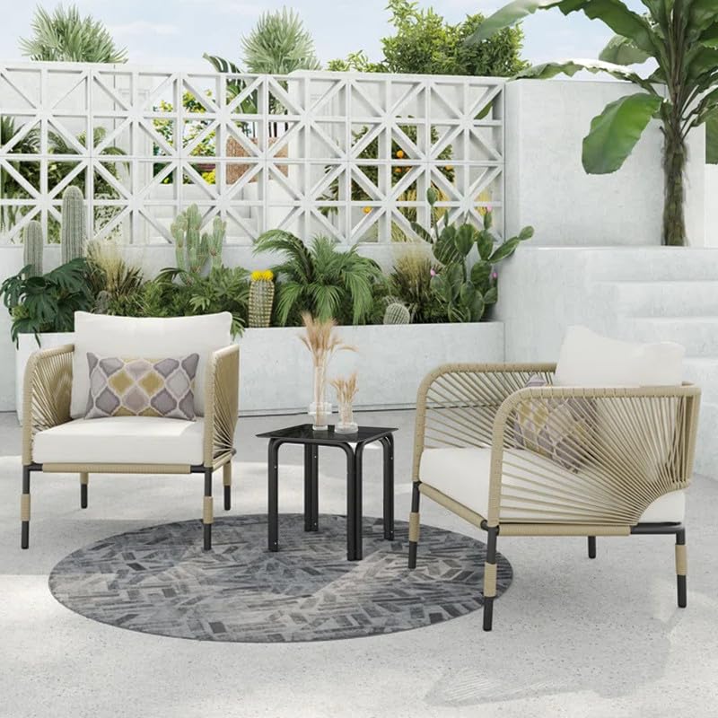 Image of OUTLIVING Garden Patio Seating 2 Chairs and 1 Coffee Table Set with Cushion | Braid and Rope Outdoor Metal Furniture Set for Balcony, Garden, Outdoor (White-Beige)