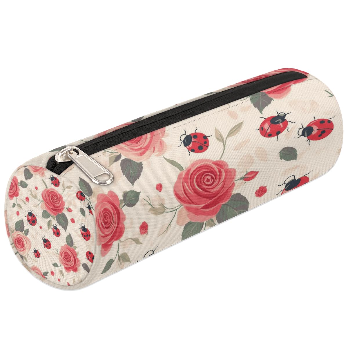 VQUVQV Boys Girls Pencil Case, Ladybugs Roses Zippered Pen Case for Stationery Toiletries Makeup Office Supplies, Portable Cosmetics Bag