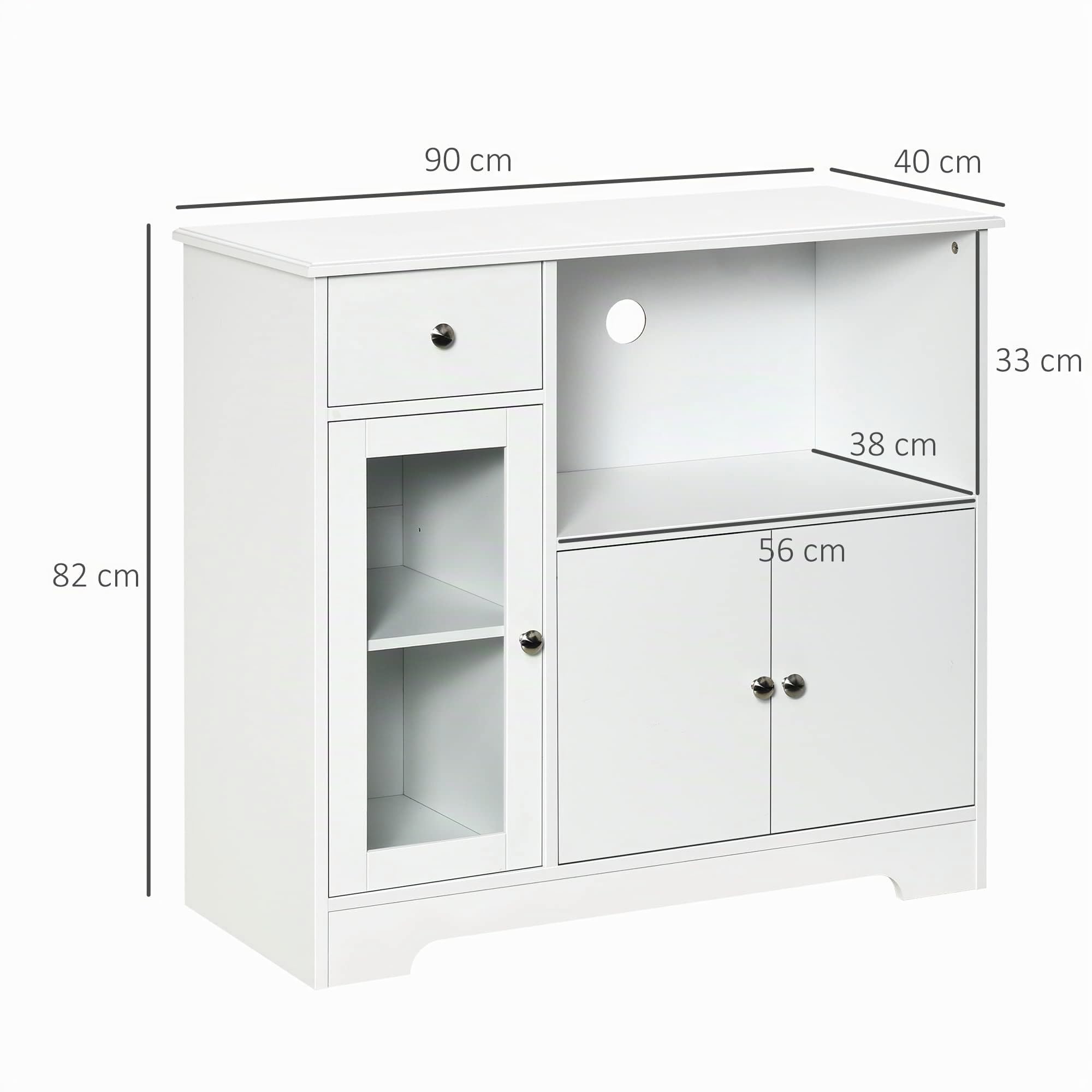 HOMCOM Mikrowellenschrank, Küchenschrank mit 2 Schränken und Schublade, Sideboard Aufbewahrungsschrank Kommode Multifunktionsschrank für Esszimmer, Kippschutz, Weiß, 90 x 40 x 82 cm