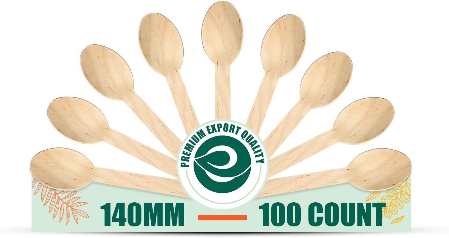 [140mm, 100 Pack] Disposable Spoons Wooden Dining Flatware Ideal for Kids Birthday, Wedding & Party