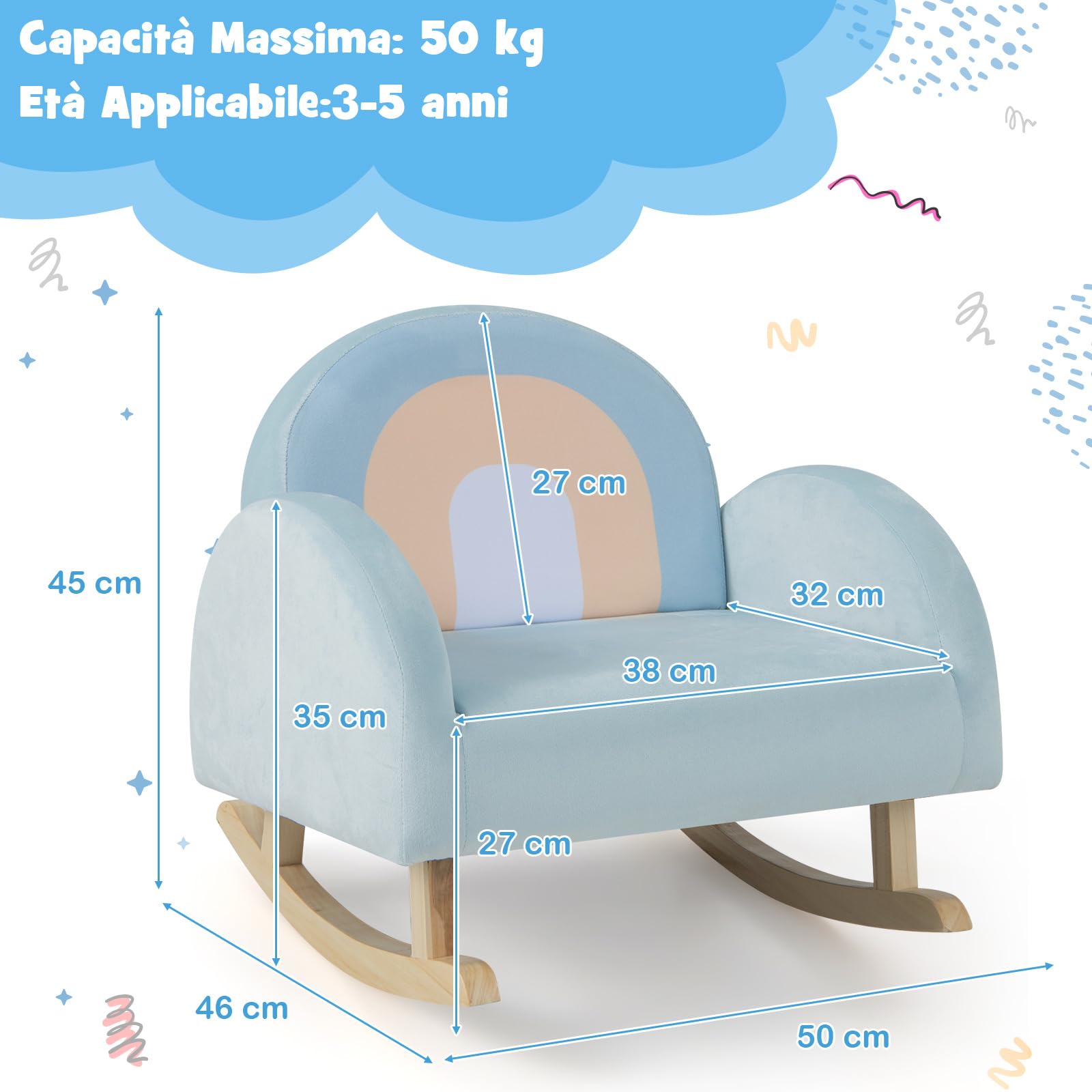 GYMAX Divano a Dondolo per Bambini 3-5 Anni, Gamba in Legno Massello, Poltrona Imbottita, Carini per Cameretta, Asilo Nido e Sala Giochi, Blu