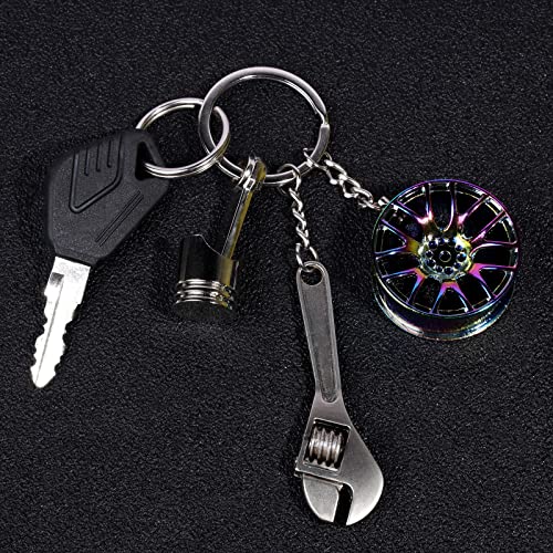 Hnyyzl Auto Parts Metal Key Chain, 6 Pcs Auto Part Model Keychain Set, Turbo Keychain, Manual Shift Box Keychain, Brake Rotor Keychain, Wheel Tire Rim Keychain, Engine Piston Keychain, Wrench Keychain #TOP5
