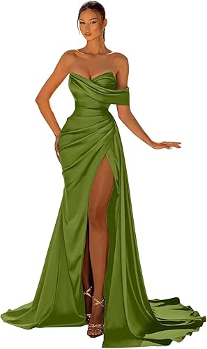 Women's Satin Bridesmaid Dresses with Slit Mermaid Off Shoulder Long Corset Prom Dresses Formal Gowns