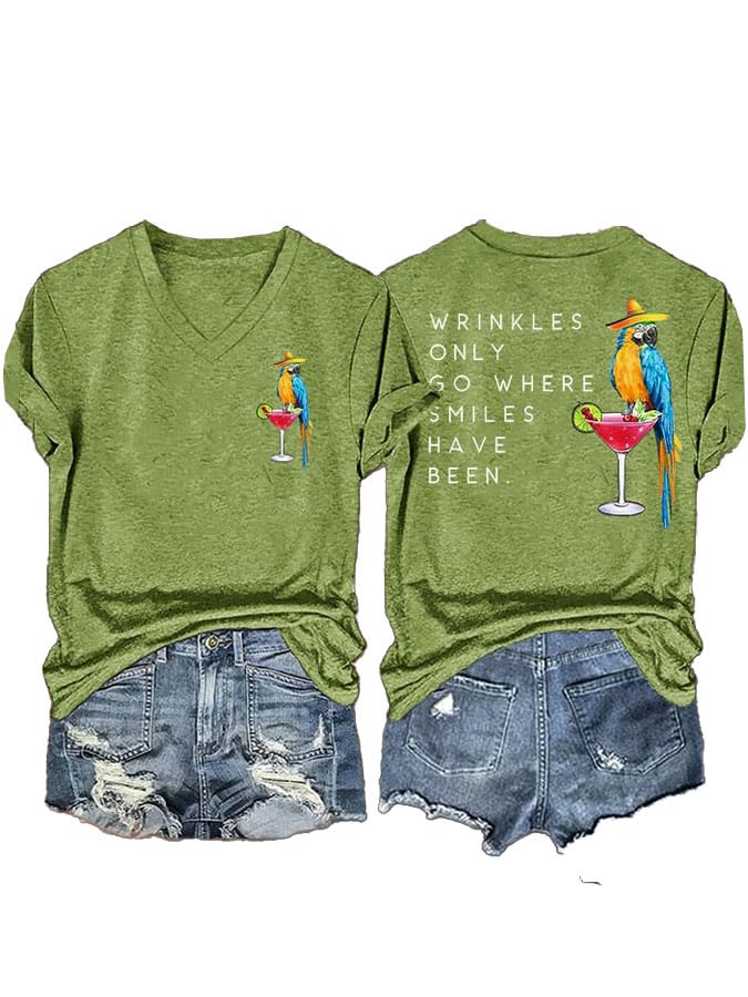 V Neck Retro Wrinkles Only Go Where Smiles Have Been Print T-Shirt Double Printed This One for You Jimmy Shirt Plus Size Vintage Retro Green