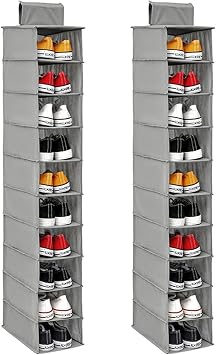 Hanging Shoe Rack, 10-Shelf Shoes Storage for Wardrobe, Foldable Wardrobe Shelf Shoe Storage, Non-Woven Fabric Hanging Shoes Organizer for Bedroom Closet Clothes Hats 2 PCS