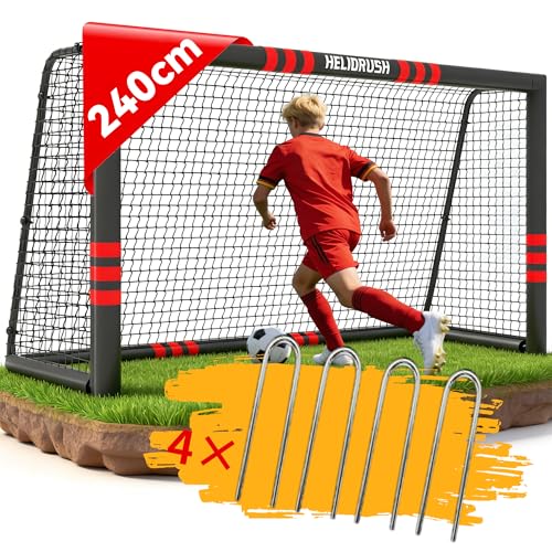 HELIORUSH Fußballtor - Anti-Rost Stahlrohr Wetterfestes Fussballtor mit EPE-Polsterung & 33-Strängigem PE-Netz - Profi Fussballtore für Garten Kinder & Erwachsene Outdoor inkl. U-Erdnägel 240 x 160 cm
