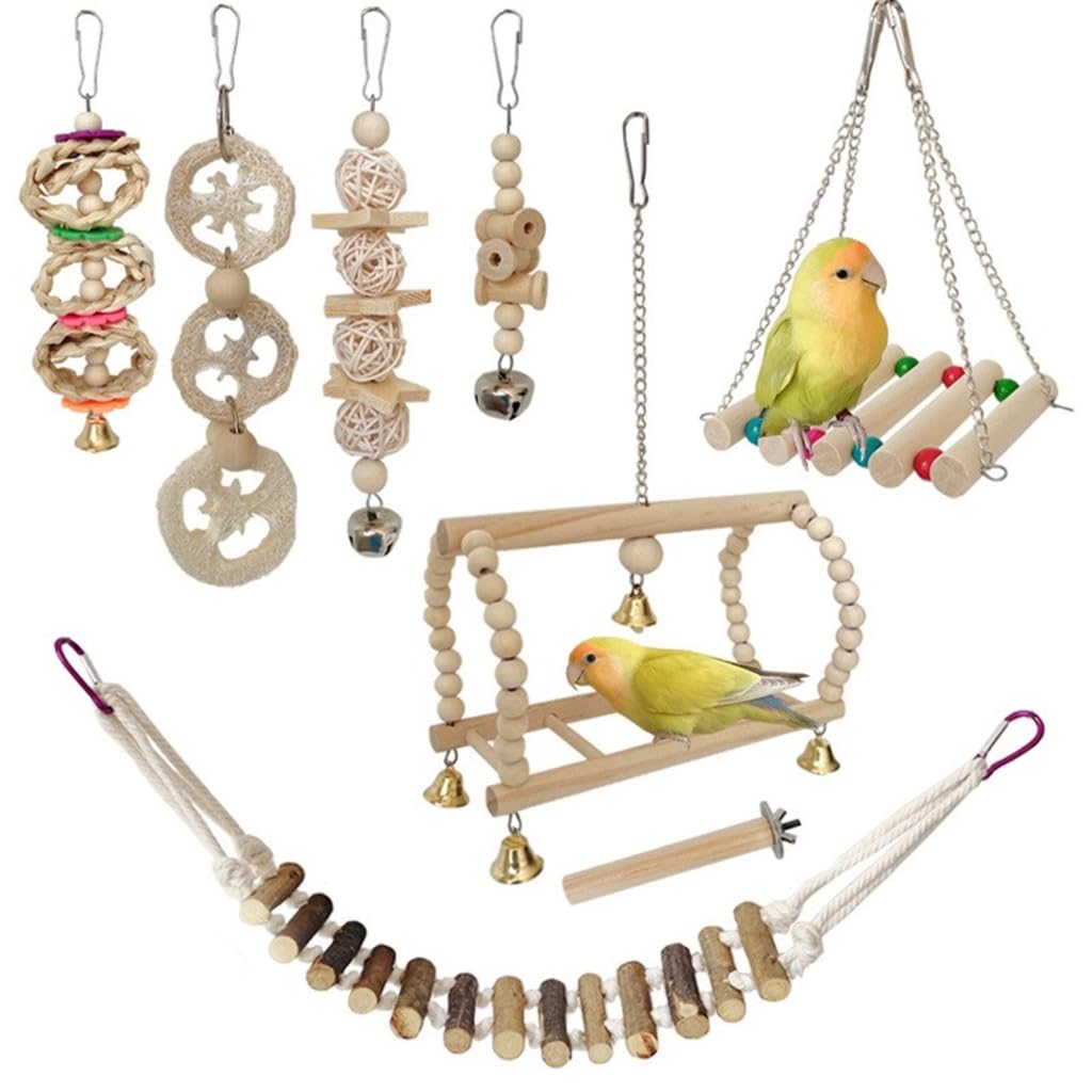 Vogelspielzeug, Vogelkäfig-Hängespielzeug, natürliches Holz, Schaukel, Papageien, Kaustange, Spielzeug, Käfigleiter, Übungsspielzeug für Kakadus, 8 Stück