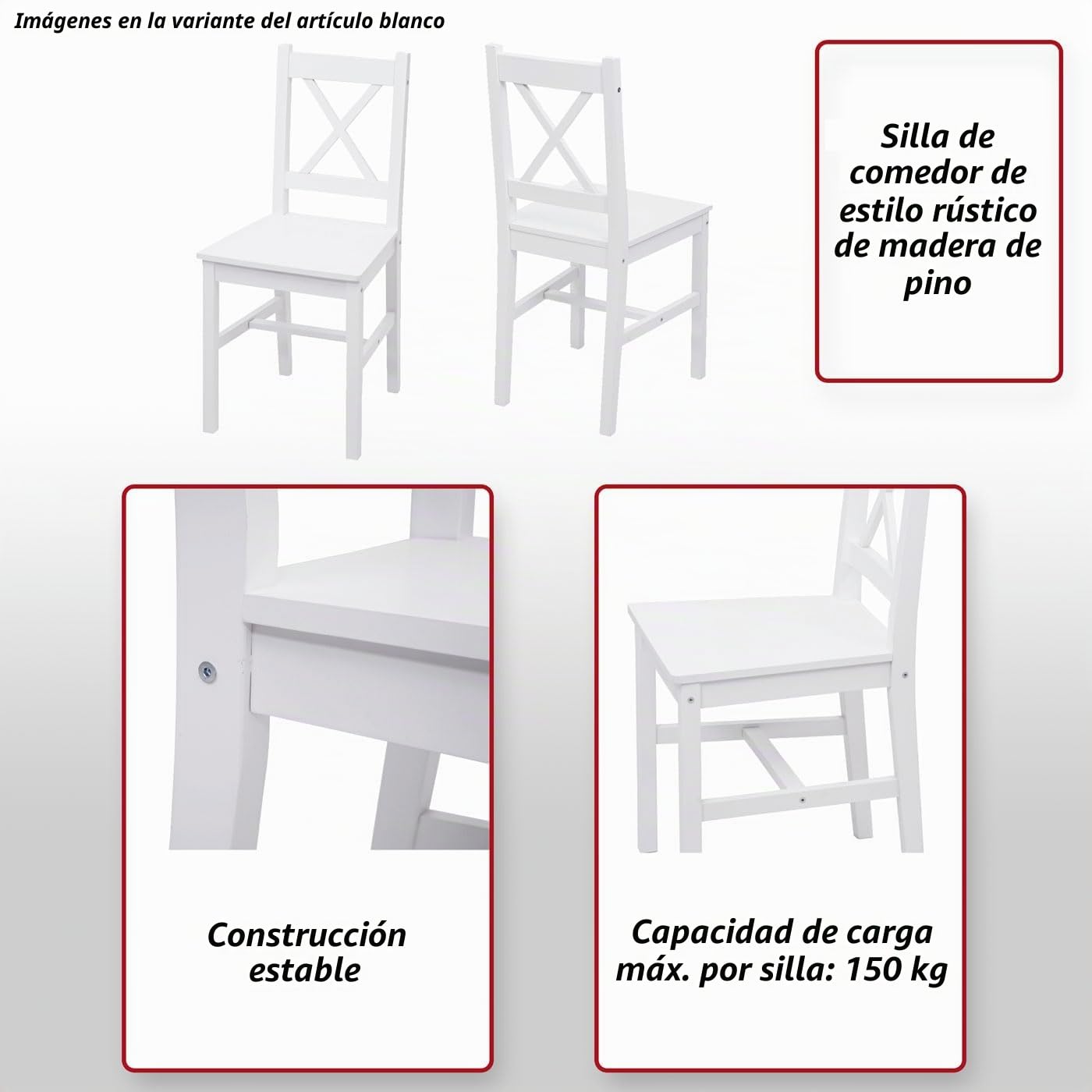 Mendler Juego de 2 sillas de comedor HWC-F77, sillas reclinables de cocina, madera maciza de pino barnizada