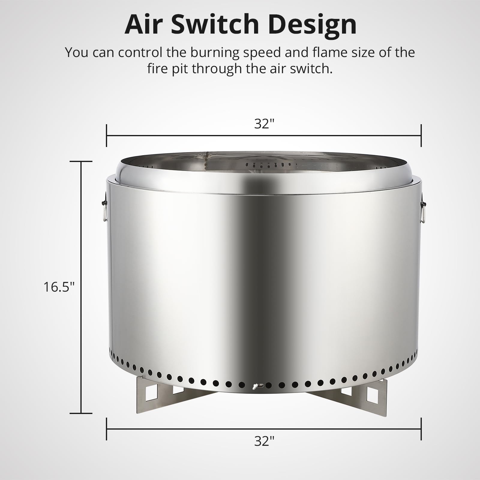 Brasero Exterior sin Humo con Interruptor de Aire, 68.5 cm (27 Pulgadas), de Acero Inoxidable, con Soporte Desmontable y cenicero. Ideal para fogatas, picnics y Otras Actividades al Aire Libre como a