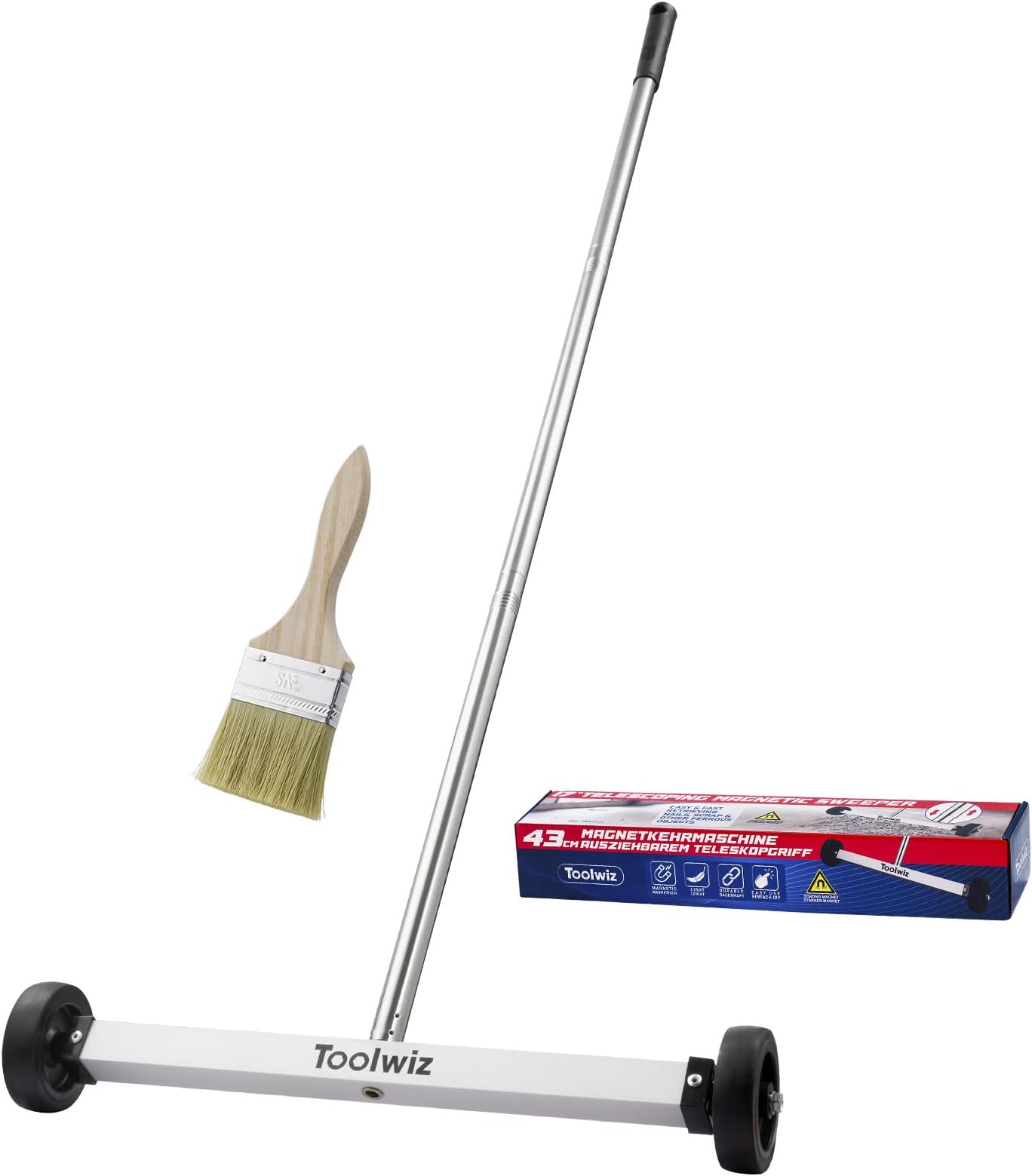 Toolwiz Magnetic Pick Up Sweeper 43.2cm/17-inch Heavy Duty Magnet Pickup Lawn Sweeper Roofing Tools, 4KG/8.8 Lbs Yard Tools with Telescoping Holder and Wheels to Clean Nails for Construction
